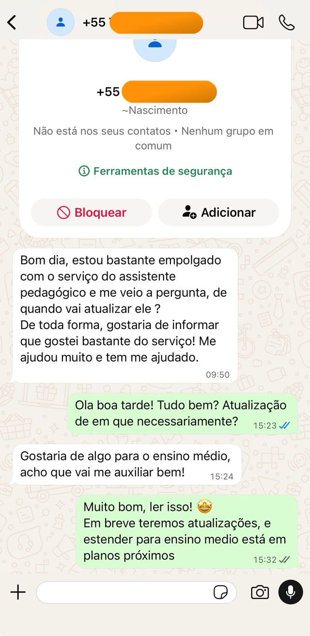 Print de WhatsApp do Professor Nascimento elogiando o app